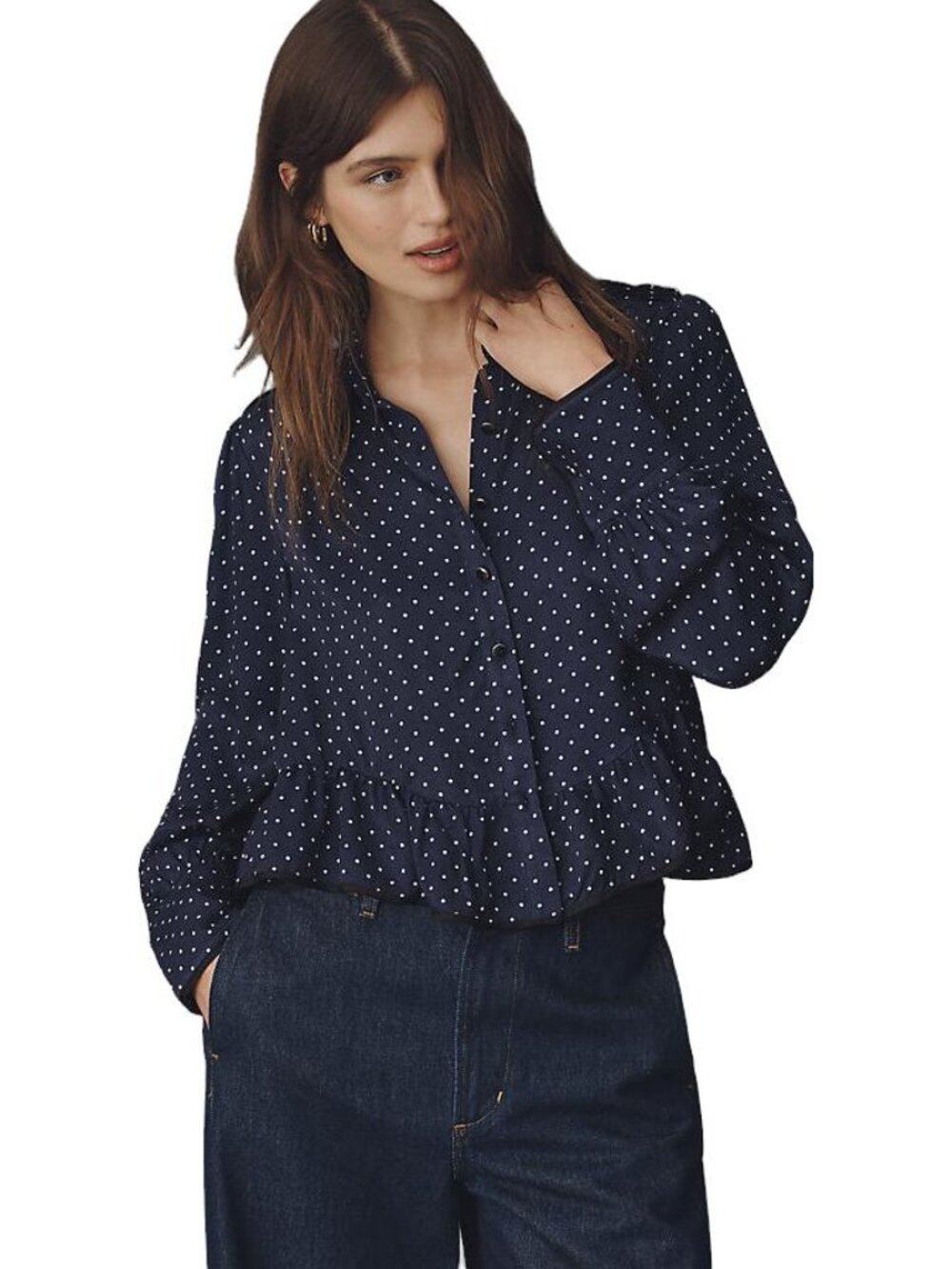 Maeve Silk Ruffle Polka Dot Button Blouse Navy/White Extra Small